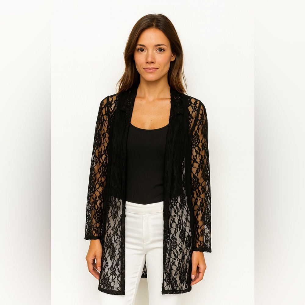 Boston Proper Women's Y2K Sheer‎ Open Front Black Goth Whimsigoth Cardigan in S